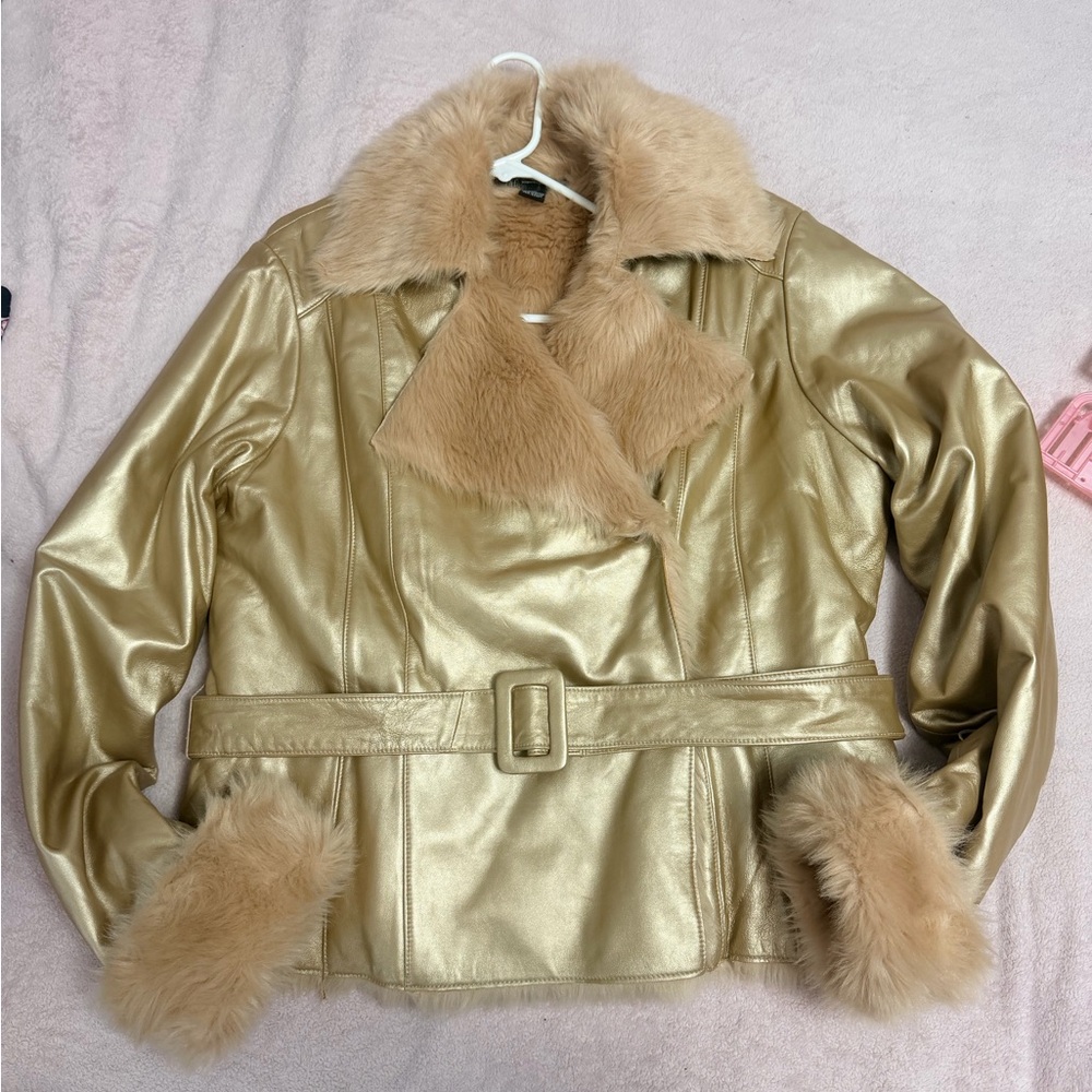INC International Concepts Gold Leather Jacket with Faux Fur